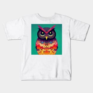 Colorful Owl Portrait Illustration - Bright Vibrant Colors Kawaii Bohemian Style Feathers Psychedelic Bird Animal Rainbow Colored Art Kids T-Shirt